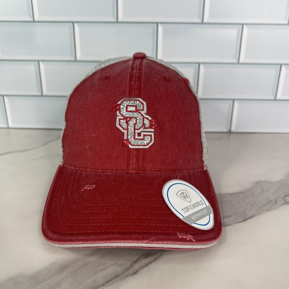 USC Trojans Hat Cap Snap Back Womens One Size Red Gray Mesh Trucker - Picture 1 of 15